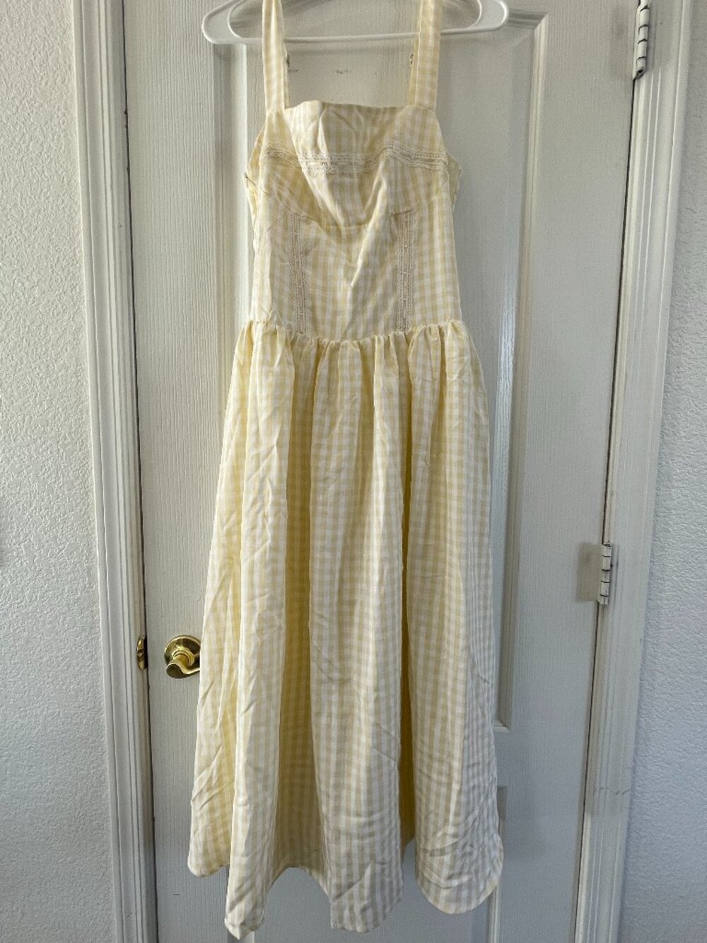 NWT Yellow Gingham Midi Dress Small Cottagecore Sundress Lace Trim Square Neck